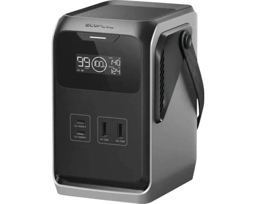Tragbare Powerstation EcoFlow mit Digitalanzeige, USB-C- und USB-A-Anschlüssen sowie Tragegurt.