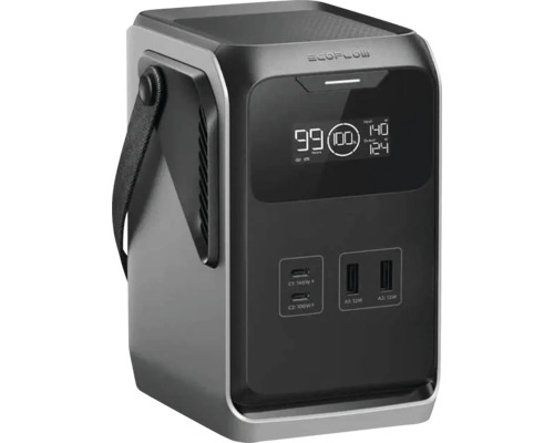 EcoFlow tragbare Powerstation mit Tragegurt, Display für Akkustand, zwei USB-C Anschlüssen mit 140 und 100 Watt sowie zwei USB-A Anschlüssen.