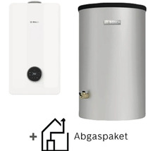 Bosch Gas-Brennwerttherme mit Warmwasserspeicher und Abgaspaket.