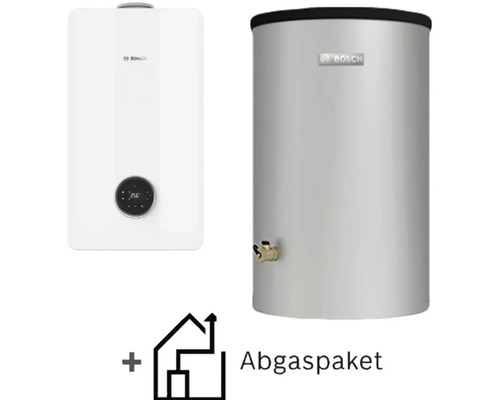 Bosch Gas-Brennwerttherme mit Warmwasserspeicher und Abgaspaket.
