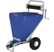 Graco Materialbehälter mit Entleerungswalze und Handkurbel auf fahrbarem Metallgestell.