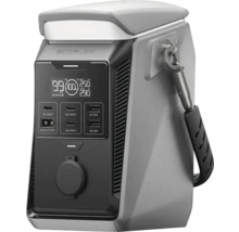 Tragbare Powerstation EcoFlow in Grau mit Display, Anschlüssen für externe Geräte, schwarzem Trageriemen und EcoFlow Logo.