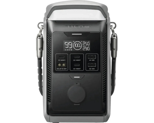 Tragbare EcoFlow Powerstation mit digitaler Anzeige, EcoFlow Logo, USB-C, USB-A und Solaranschlüssen sowie seitlichen Tragegriffen.