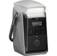 Tragbare graue Powerstation von EcoFlow mit Digitalanzeige, verschiedenen Anschlüssen, einer Steckdose, einem Tragegriff und EcoFlow Logo.