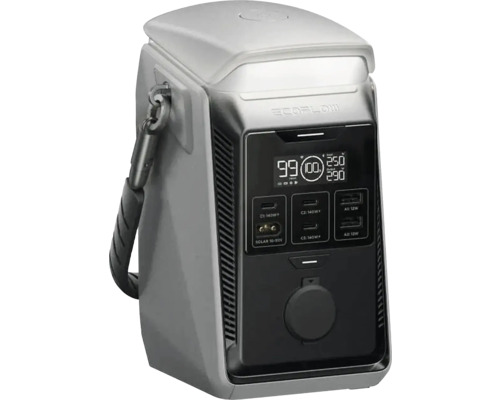 Tragbare graue Powerstation von EcoFlow mit Digitalanzeige, verschiedenen Anschlüssen, einer Steckdose, einem Tragegriff und EcoFlow Logo.