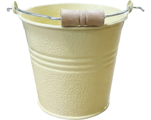 Gelber Metalleimer mit strukturierter Oberfläche und Holzgriff.