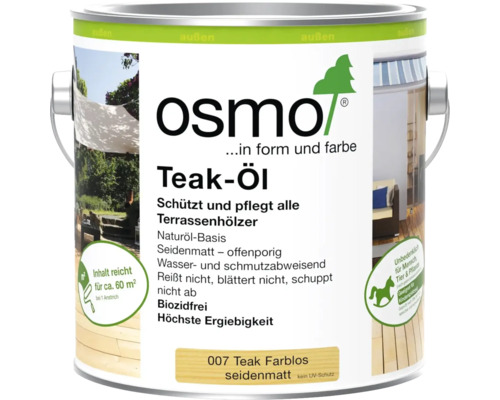 Osmo Teak-Öl für Terrassenhölzer, farblos, seidenmatt, auf Naturöl-Basis, Reichweite circa 60 Quadratmeter, Osmo Logo.