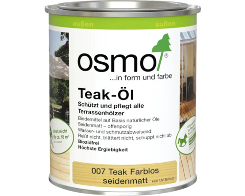 Dose Osmo Teak-Öl für außen, farblos und seidenmatt, zum Schutz und zur Pflege von Terrassenhölzern, Reichweite circa 18 Quadratmeter pro Anstrich.