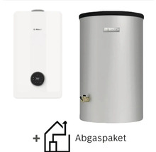 Bosch Gas-Brennwerttherme in Weiß mit Display, silberner Warmwasserspeicher und Abgaspaket.