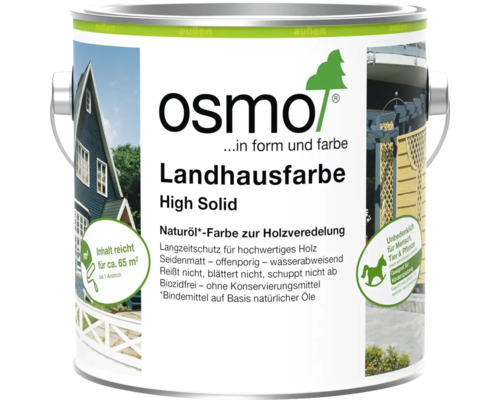 Osmo Landhausfarbe High Solid, Naturöl-Farbe für außen, seidenmatt, wasserabweisend, sicher für Kinderspielzeug, für circa 65 Quadratmeter.