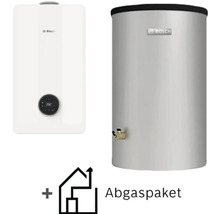 Bosch Gas-Brennwerttherme mit Warmwasserspeicher und Abgaspaket.