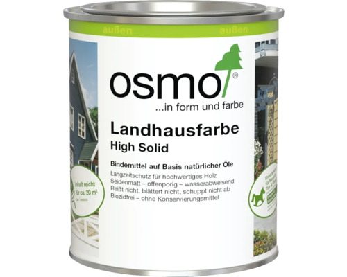 Osmo Landhausfarbe High Solid, deckender Holzanstrich auf Naturölbasis für außen, seidenmatt, Ergiebigkeit für circa 20 Quadratmeter.