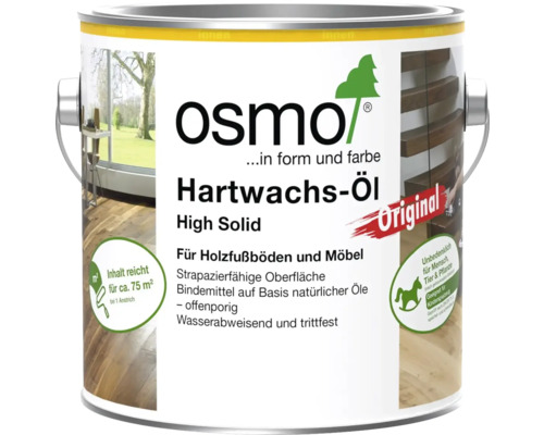 Dose Osmo Hartwachs-Öl High Solid Original für Holzfußböden und Möbel, Ergiebigkeit circa 75 Quadratmeter, für Kinderspielzeug geeignet.