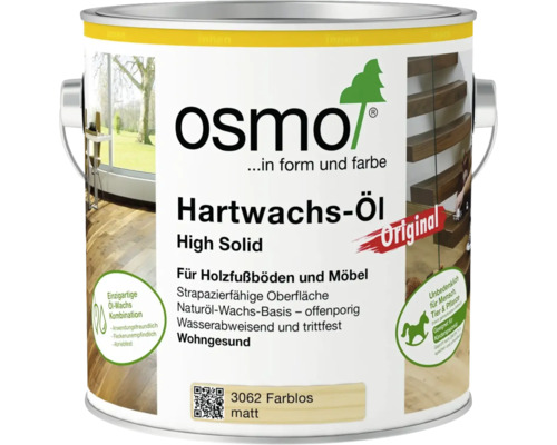 Osmo Logo. Hartwachs-Öl Original High Solid, 3062 Farblos matt, für Holzfußböden und Möbel, unbedenklich für Mensch, Tier und Pflanze.