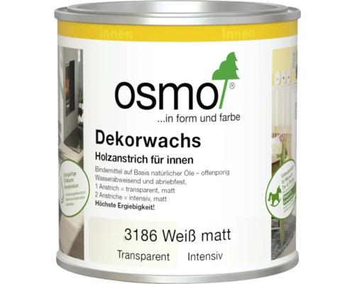 Dose Osmo Dekorwachs 3186 Weiß matt für innen, Holzanstrich auf Basis natürlicher Öle und Wachse, Osmo Logo, Siegel für Kindersicherheit.