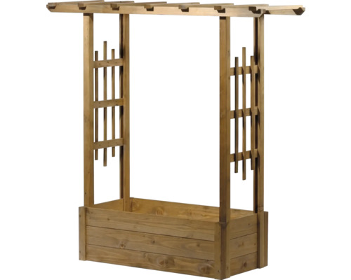 Pflanzkasten aus Holz mit integriertem Rankgitter und Pergola.
