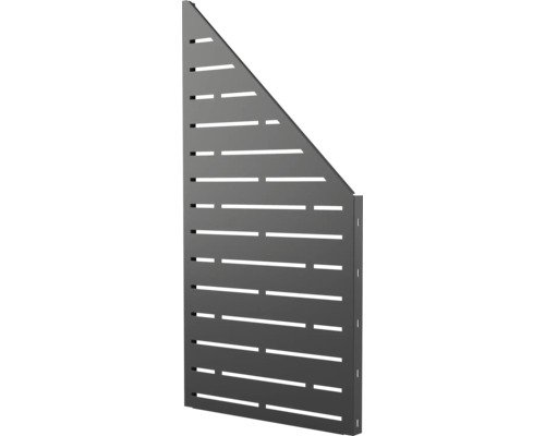 Schräges Sichtschutzelement aus Metall mit horizontalen Aussparungen in Anthrazit.