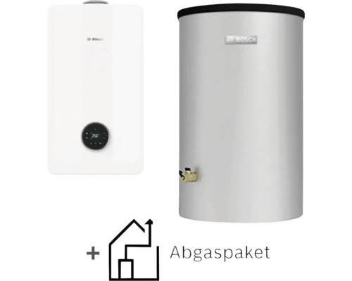 Bosch Gas-Brennwerttherme und Warmwasserspeicher inklusive Abgaspaket.