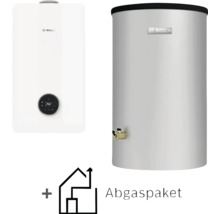 Bosch Gas-Brennwert-Heizungsset bestehend aus Gas-Brennwerttherme, Warmwasserspeicher und Abgaspaket.