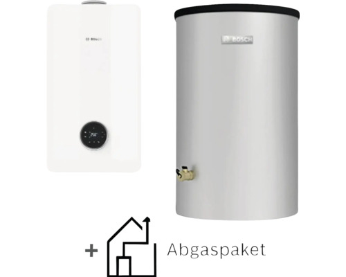 Bosch Gas-Brennwert-Heizungsset bestehend aus Gas-Brennwerttherme, Warmwasserspeicher und Abgaspaket.