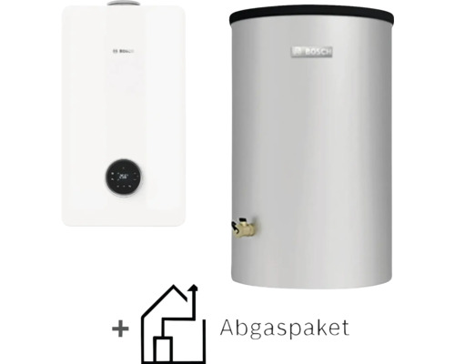 Bosch Gas-Brennwert-Heizungsset bestehend aus wandhängender Therme, Warmwasserspeicher und Abgaspaket.
