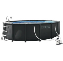 Runder Intex Frame Pool in Dunkelgrau inklusive Sicherheitsleiter und Sandfilteranlage.