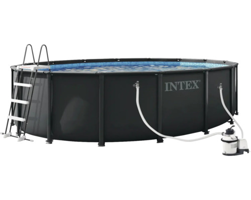 Runder Intex Frame Pool in Dunkelgrau inklusive Sicherheitsleiter und Sandfilteranlage.