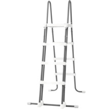 Graue Poolleiter für Aufstellbecken, Sicherheitsleiter mit vier weißen Stufen auf jeder Seite und Plattform aus Metall und Kunststoff.
