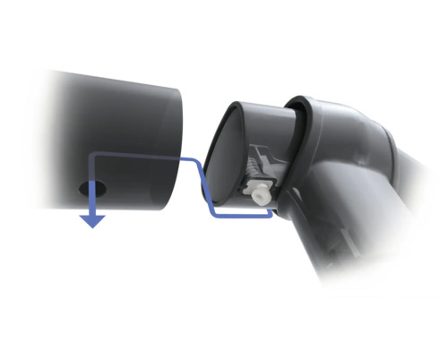 Steckverbindung aus Kunststoff mit gefedertem Arretierknopf und blauer Pfeilgrafik zur Veranschaulichung der Montage.