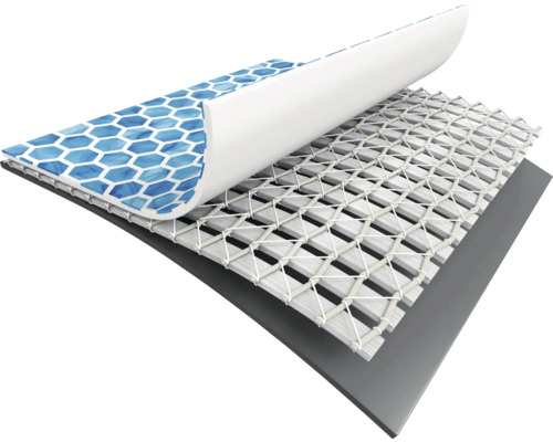 Mehrlagiger Aufbau einer Schwimmbeckenfolie mit blauem Mosaikmuster, weißem Verstärkungsgewebe und grauer Trägerschicht.
