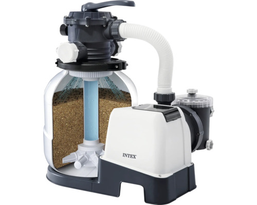 Intex Sandfilteranlage für Pools mit Pumpe und Filterkessel in der Querschnittsansicht.