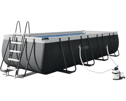 Intex rechteckiger Frame Pool mit Leiter und Filterpumpe.