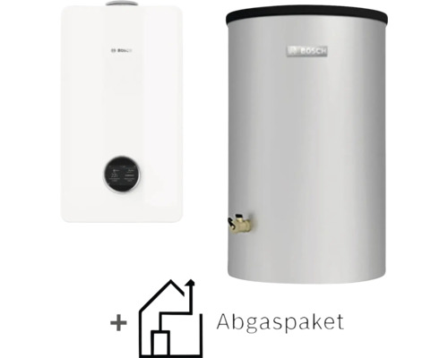 Bosch Gas-Brennwerttherme mit Warmwasserspeicher und Abgaspaket.