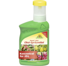 Neudorff Neudo-Vital Obst-Spritzmittel Konzentrat für 25 Liter in einer grünen Flasche aus 90 Prozent Rezyklat mit gelbem Messbecher.