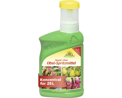 Neudorff Neudo-Vital Obst-Spritzmittel Konzentrat für 25 Liter in einer grünen Flasche aus 90 Prozent Rezyklat mit gelbem Messbecher.