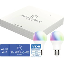 Smart Home by Hornbach Gateway mit zwei LED-Leuchtmitteln, VDE-Prüfzeichen für Informationssicherheit und Smart Home by Hornbach Logo.