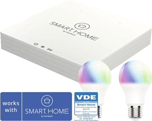 Smart Home by Hornbach Gateway mit zwei LED-Leuchtmitteln, VDE-Prüfzeichen für Informationssicherheit und Smart Home by Hornbach Logo.