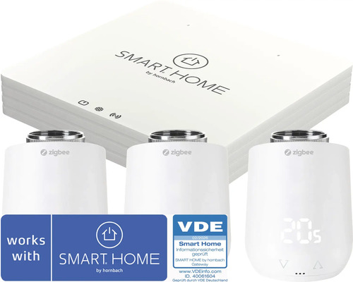 SMART HOME by hornbach Starterset mit Gateway, drei Zigbee Heizkörperthermostaten, VDE Sicherheitssiegel und SMART HOME by hornbach Logo.