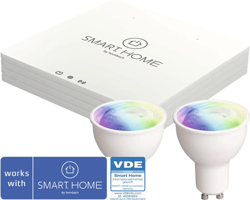 Smart Home by hornbach Starterset mit Gateway, zwei GU10 LED-Lampen mit Farbwechselfunktion und VDE-Prüfsiegel.