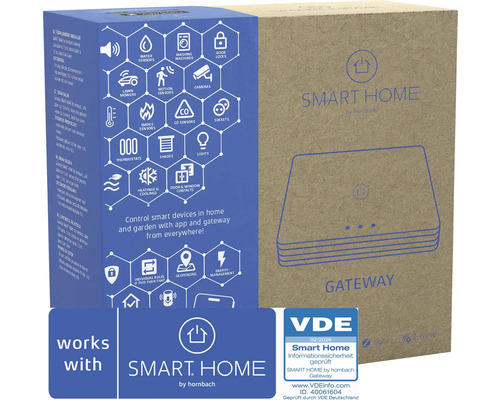 SMART HOME by hornbach Gateway Karton mit Symbolen für steuerbare Geräte, Zigbee Logo, Z-Wave Logo und VDE Siegel für geprüfte Informationssicherheit.