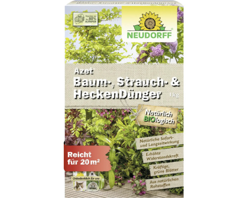 Neudorff Azet Baum-, Strauch- und Heckendünger, 1 Kilogramm Packung, organischer Dünger für 20 Quadratmeter, natürlich biologisch.
