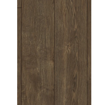 Dunkelbrauner Laminatboden in Holzoptik mit ausgeprägter Maserung und senkrechten Dielen.