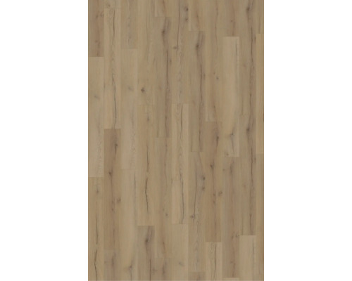 Laminatboden in Eichenoptik mit natürlicher Maserung und Astlöchern in Beige-Braun.