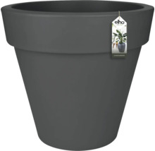 Großer runder Pflanztopf aus Kunststoff in Anthrazit mit breitem Rand und Elho Logo.