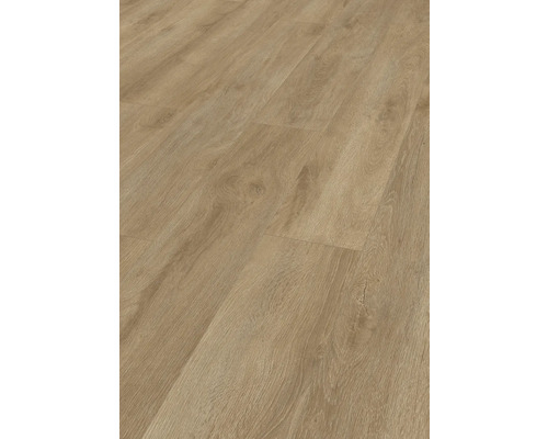 Laminatboden in Eichenoptik mit natürlicher Holzmaserung und Astlöchern.