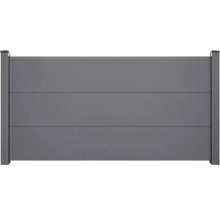 Graues Sichtschutzzaun-Element mit horizontalen Lamellen und zwei Pfosten.