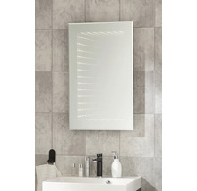 Rechteckiger Badezimmerspiegel mit LED-Beleuchtung und Unendlichkeitseffekt über einem weißen Waschbecken auf grauen Fliesen.