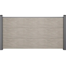 Sichtschutzzaun-Element mit horizontalen Lamellen in Holzoptik und einem stabilen Metallrahmen.