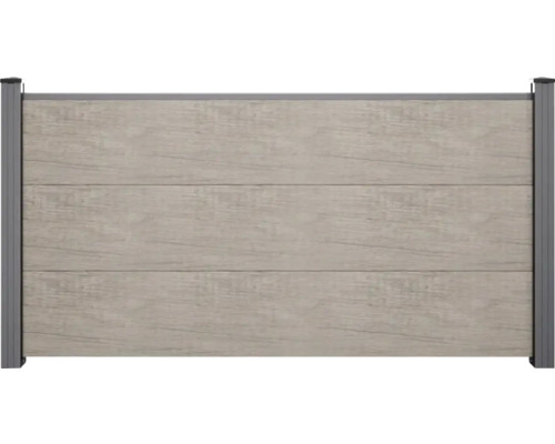 Sichtschutzzaun-Element mit horizontalen Lamellen in Holzoptik und einem stabilen Metallrahmen.