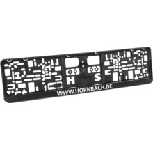 Schwarzer Kennzeichenhalter aus Kunststoff mit verschiedenen Montagelöchern und dem Schriftzug WWW.HORNBACH.DE.